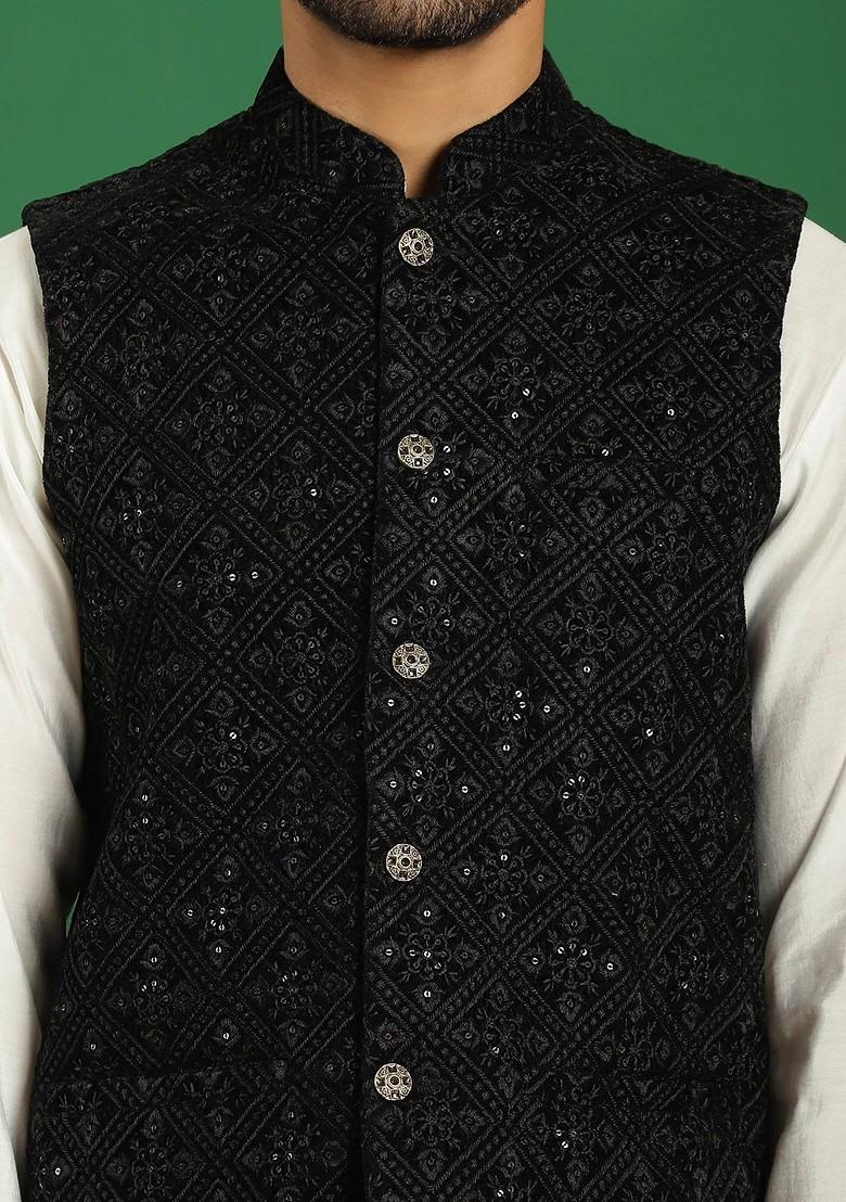 Black Embroidered Poly Blend Nehru Jacket For Men