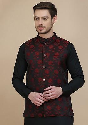 Black Woven Design Poly Blend Nehru Jacket For Men