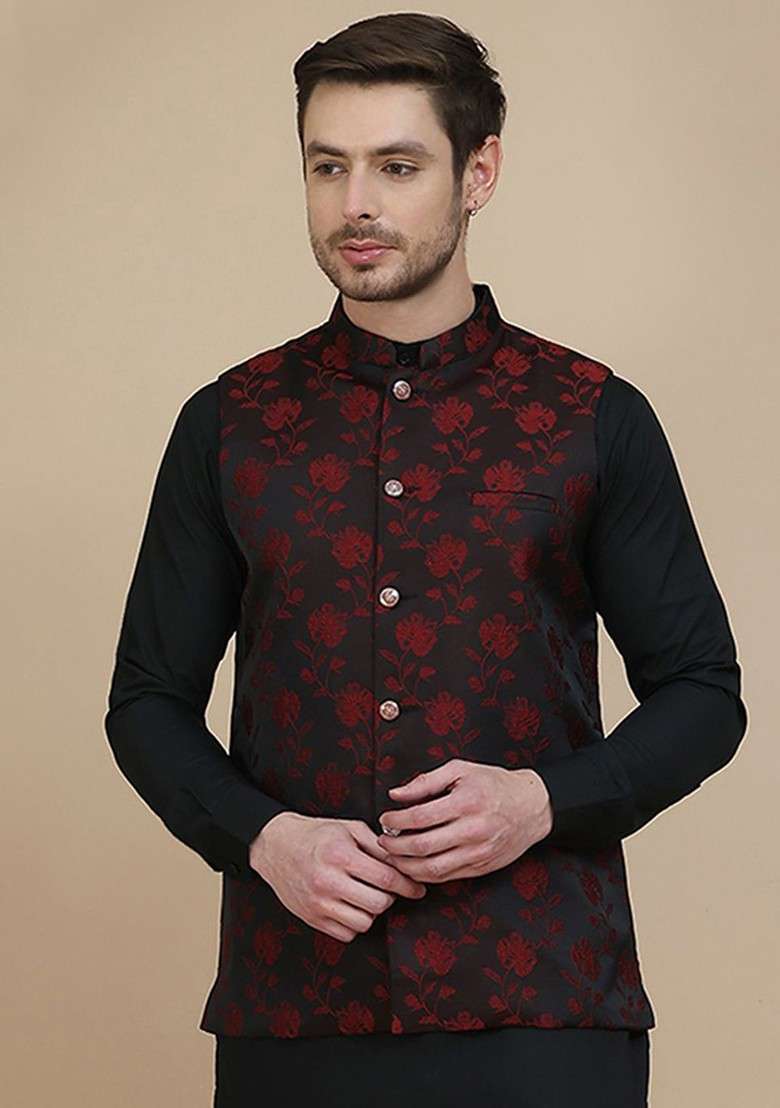 Black Woven Design Poly Blend Nehru Jacket For Men - Indya