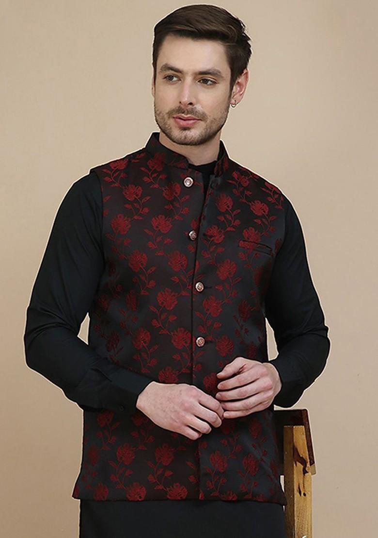 Black Woven Design Poly Blend Nehru Jacket For Men