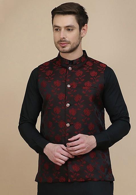 Black Woven Design Poly Blend Nehru Jacket For Men — view on Indya
