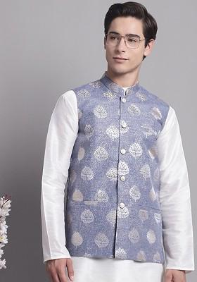 Blue Printed Poly Blend Nehru Jacket For Men
