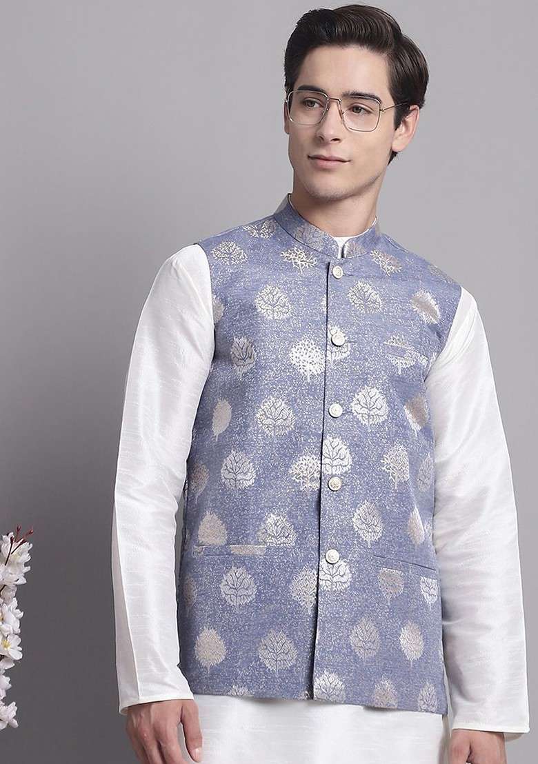 Blue Printed Poly Blend Nehru Jacket For Men - Indya
