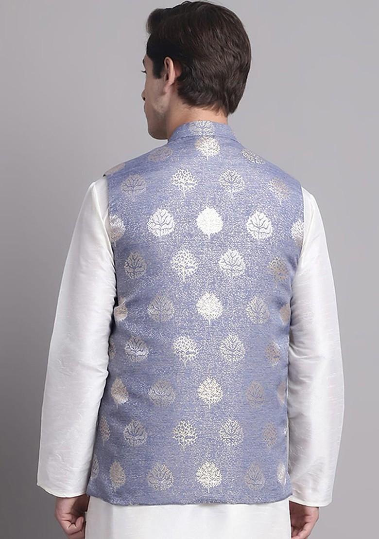 Blue Printed Poly Blend Nehru Jacket For Men