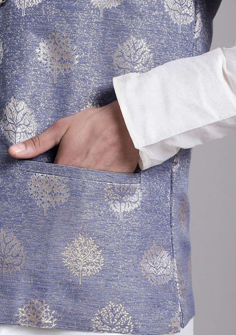 Blue Printed Poly Blend Nehru Jacket For Men - Indya