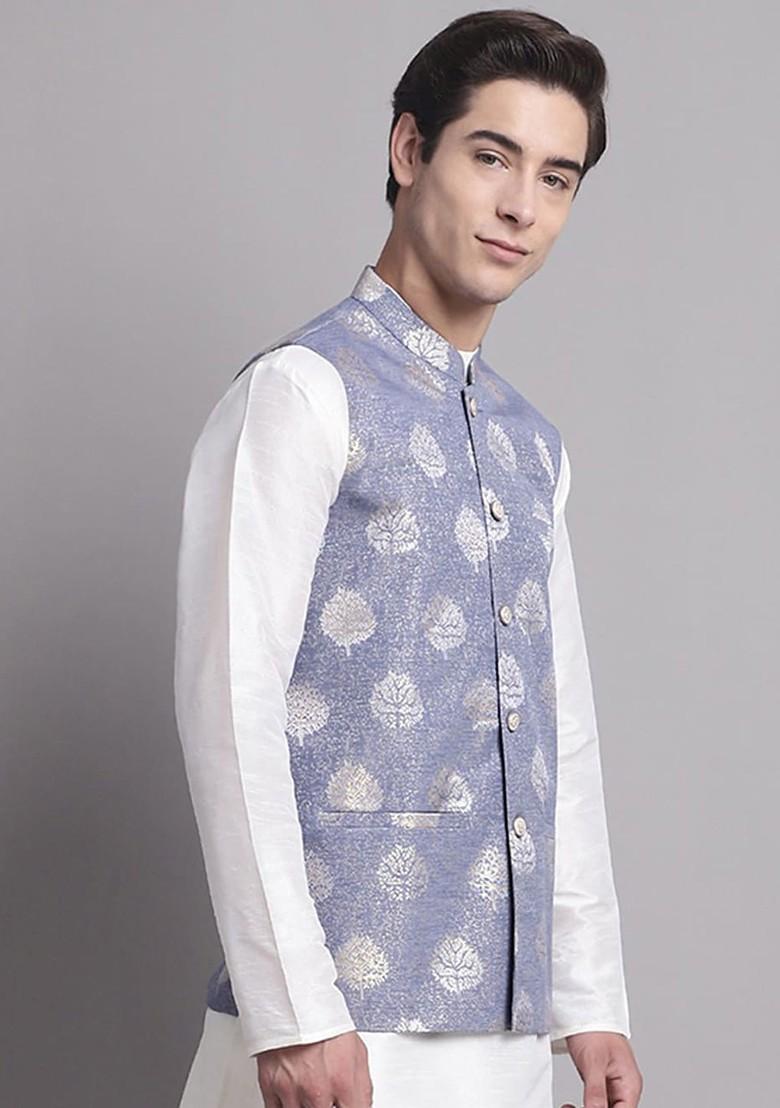 Blue Printed Poly Blend Nehru Jacket For Men