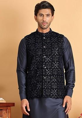 Navy Blue Embroidered Poly Blend Nehru Jacket For Men