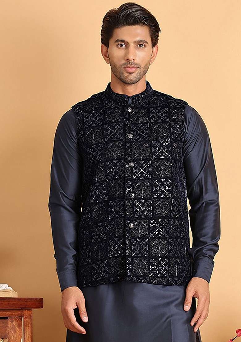 Navy Blue Embroidered Poly Blend Nehru Jacket For Men - Indya