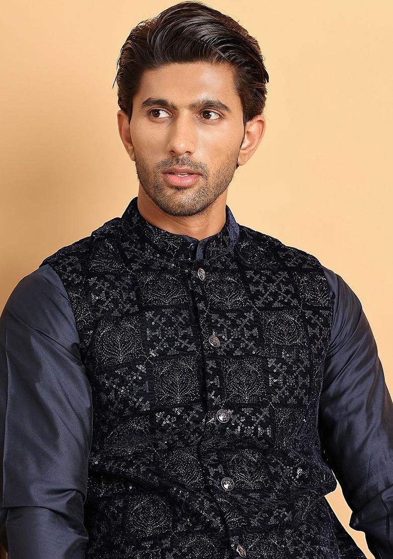 Navy Blue Embroidered Poly Blend Nehru Jacket For Men