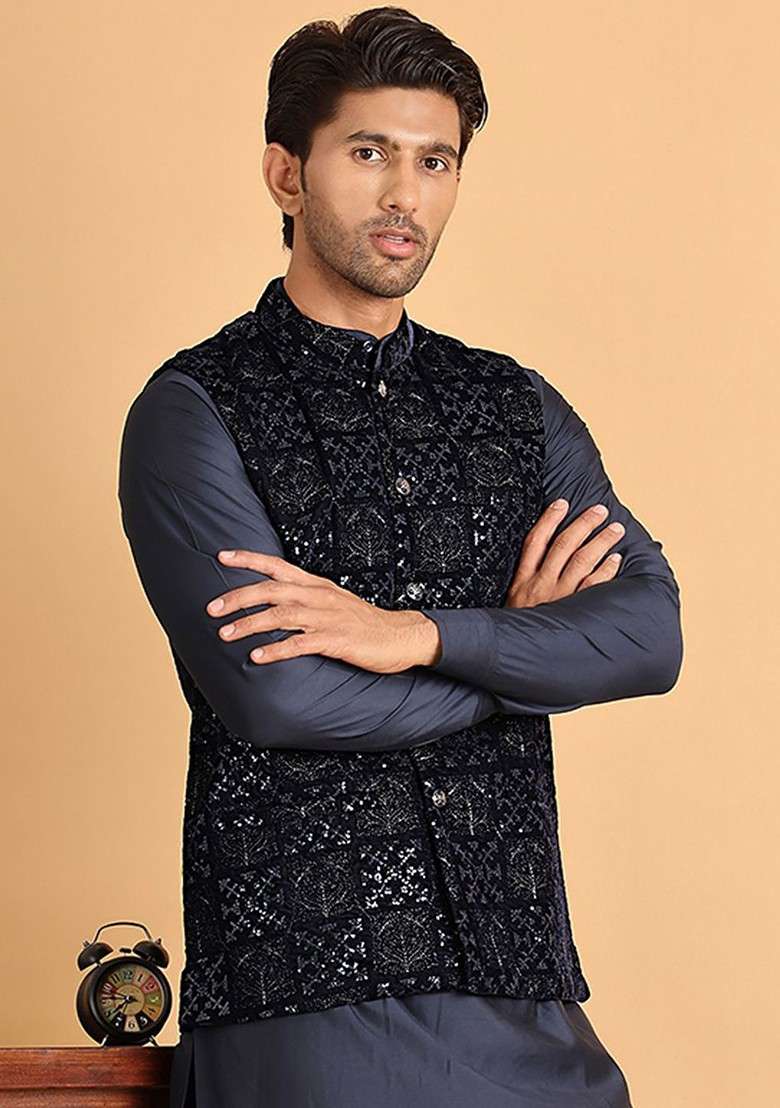 Navy Blue Embroidered Poly Blend Nehru Jacket For Men - Indya