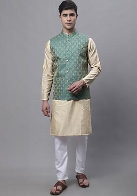 Green Woven Design Poly Blend Nehru Jacket For Men