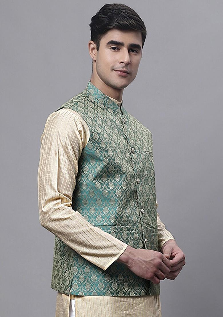 Green Woven Design Poly Blend Nehru Jacket For Men