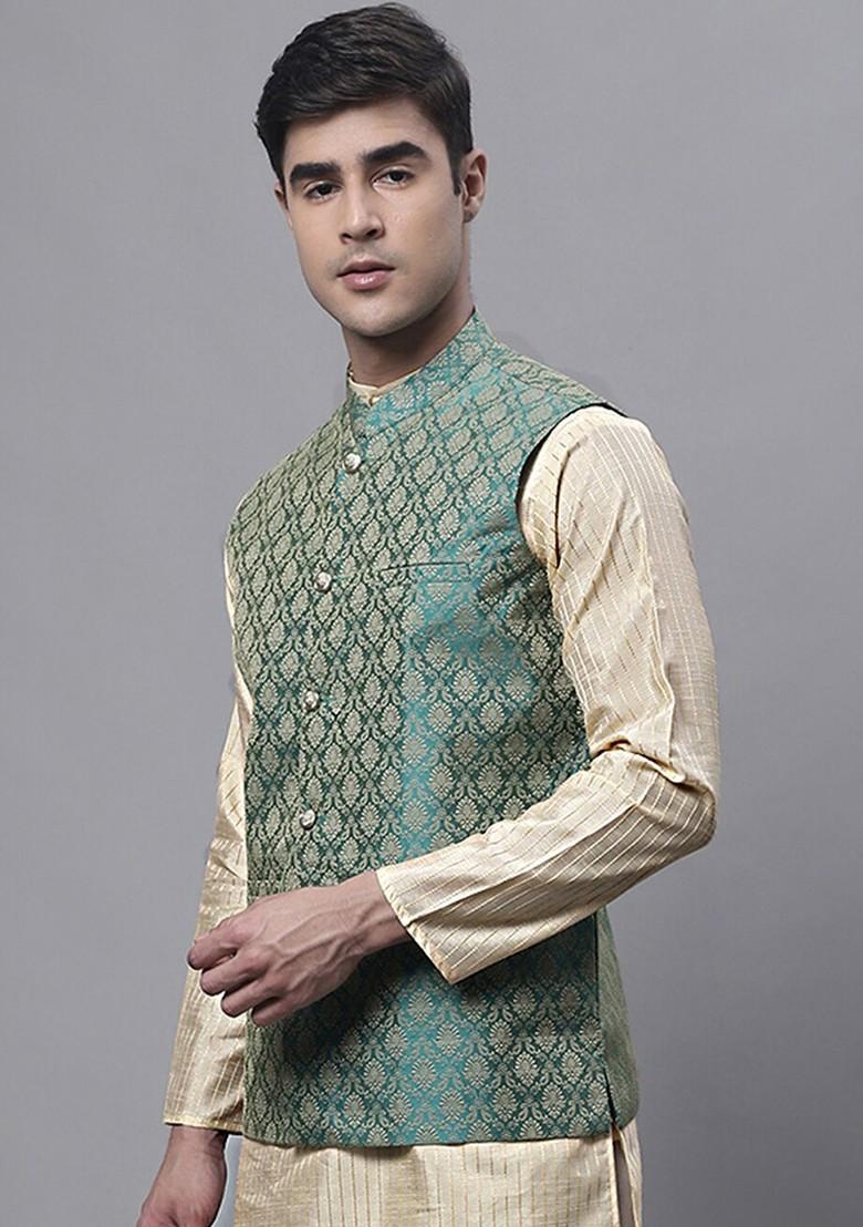 Green Woven Design Poly Blend Nehru Jacket For Men