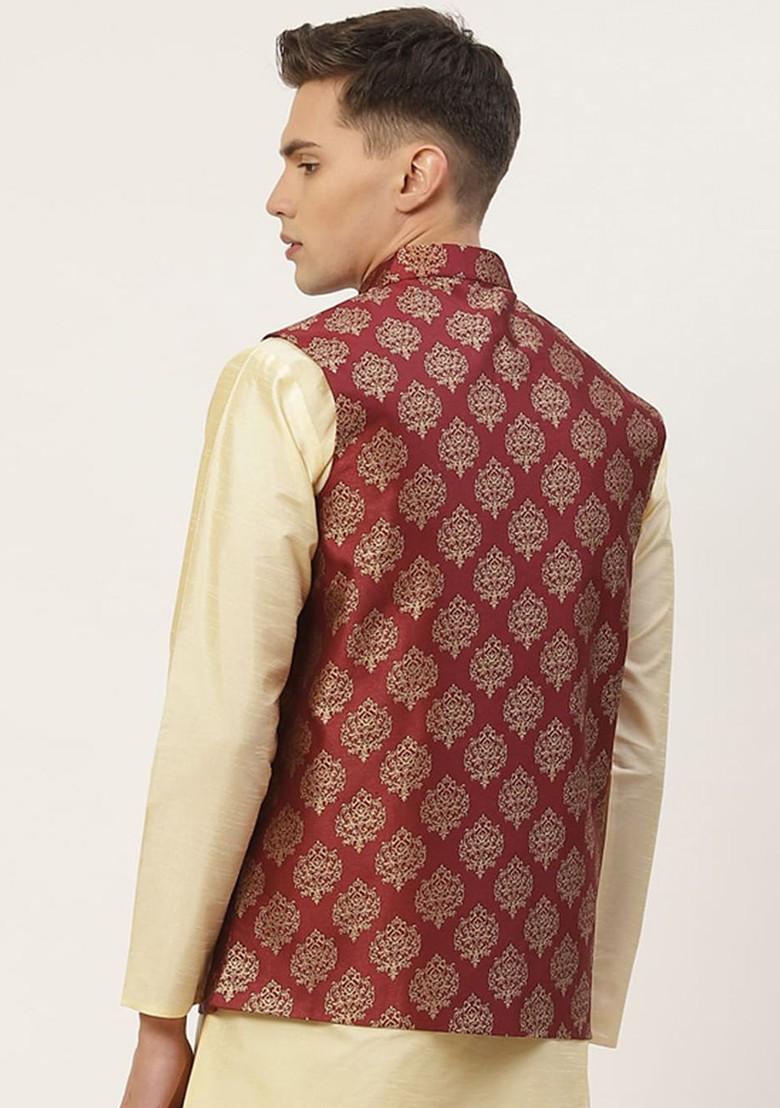 Maroon Woven Design Poly Blend Nehru Jacket For Men