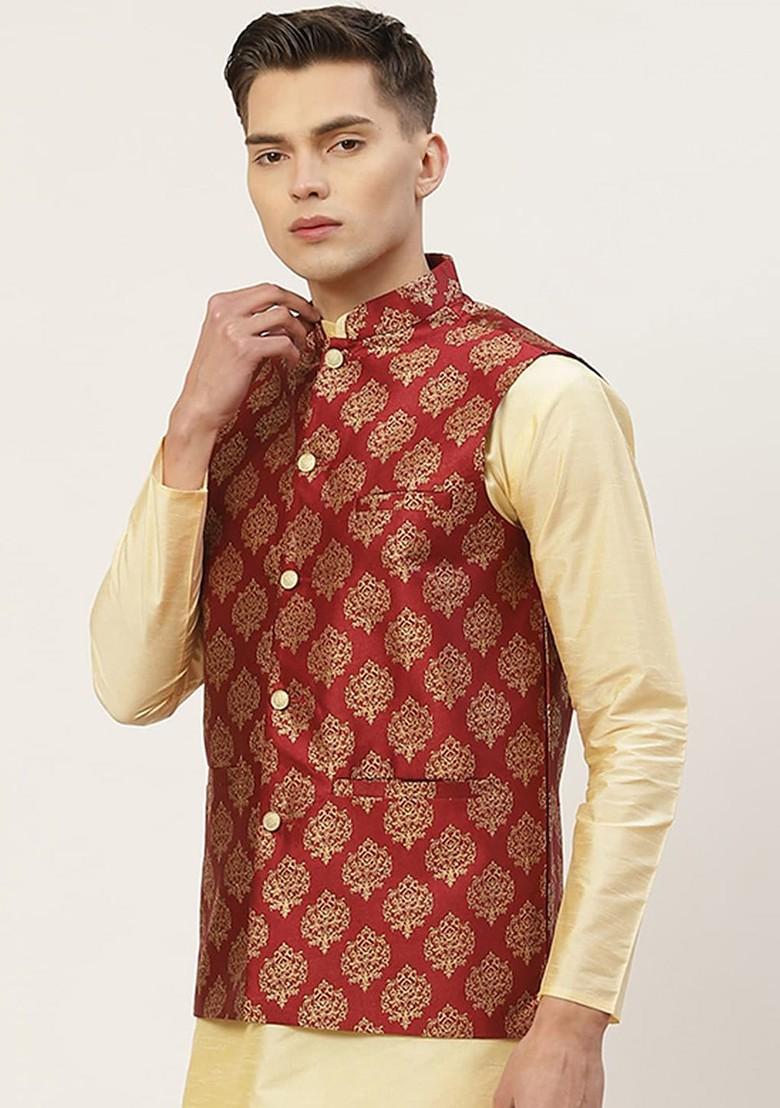 Maroon Woven Design Poly Blend Nehru Jacket For Men