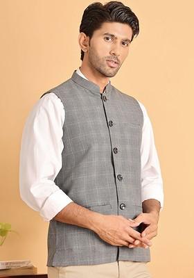 Grey Embroidered Poly Blend Nehru Jacket For Men