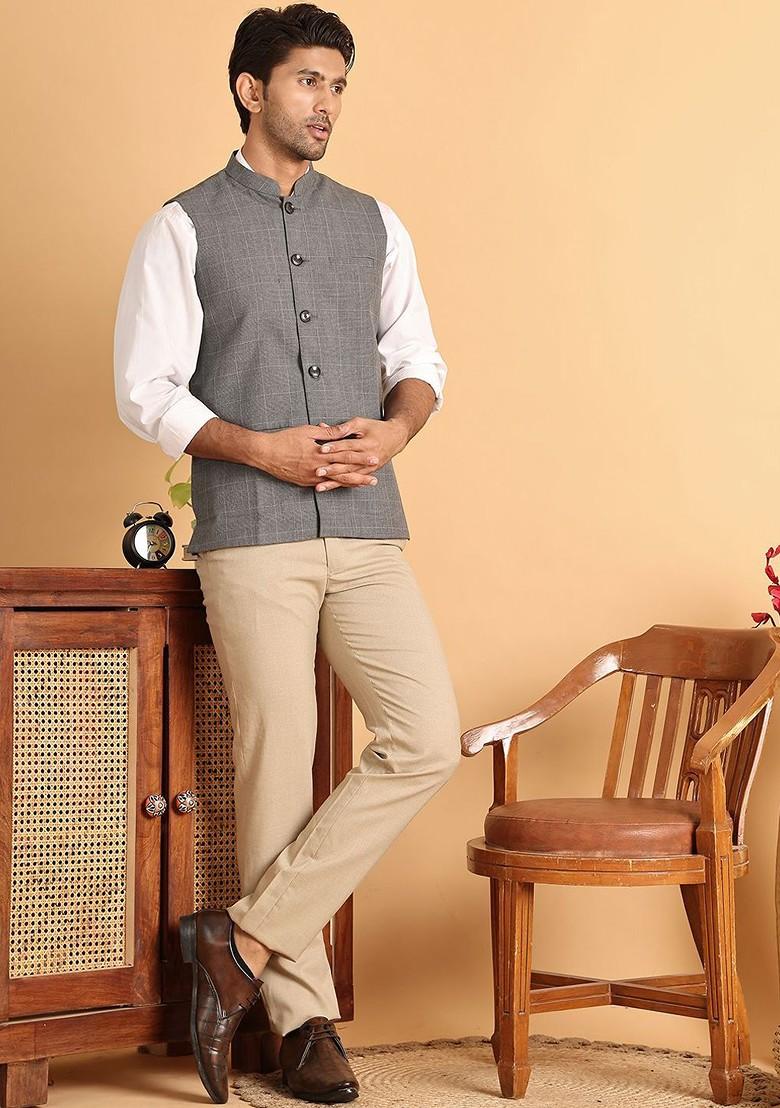 Grey Embroidered Poly Blend Nehru Jacket For Men