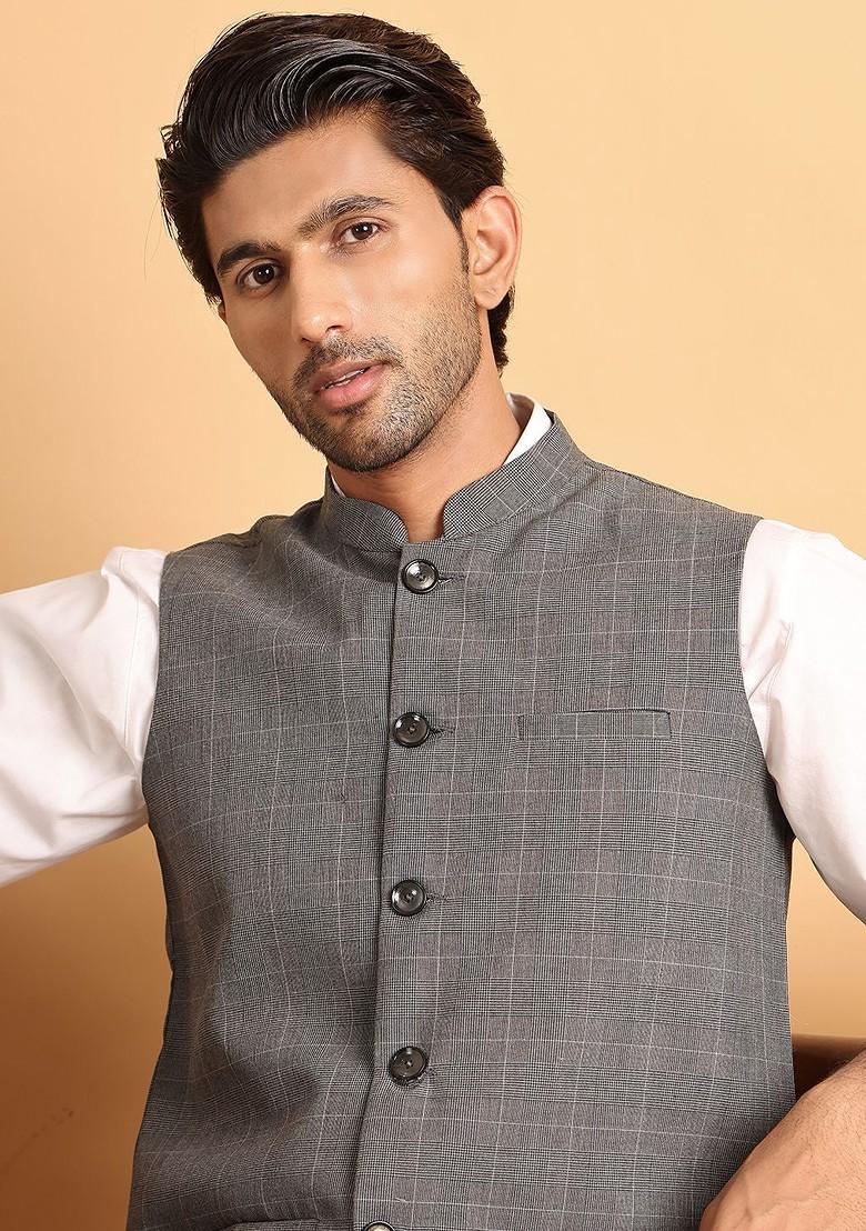 Grey Embroidered Poly Blend Nehru Jacket For Men