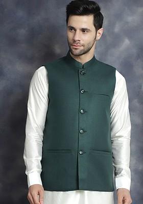 Olive Embroidered Poly Blend Nehru Jacket For Men