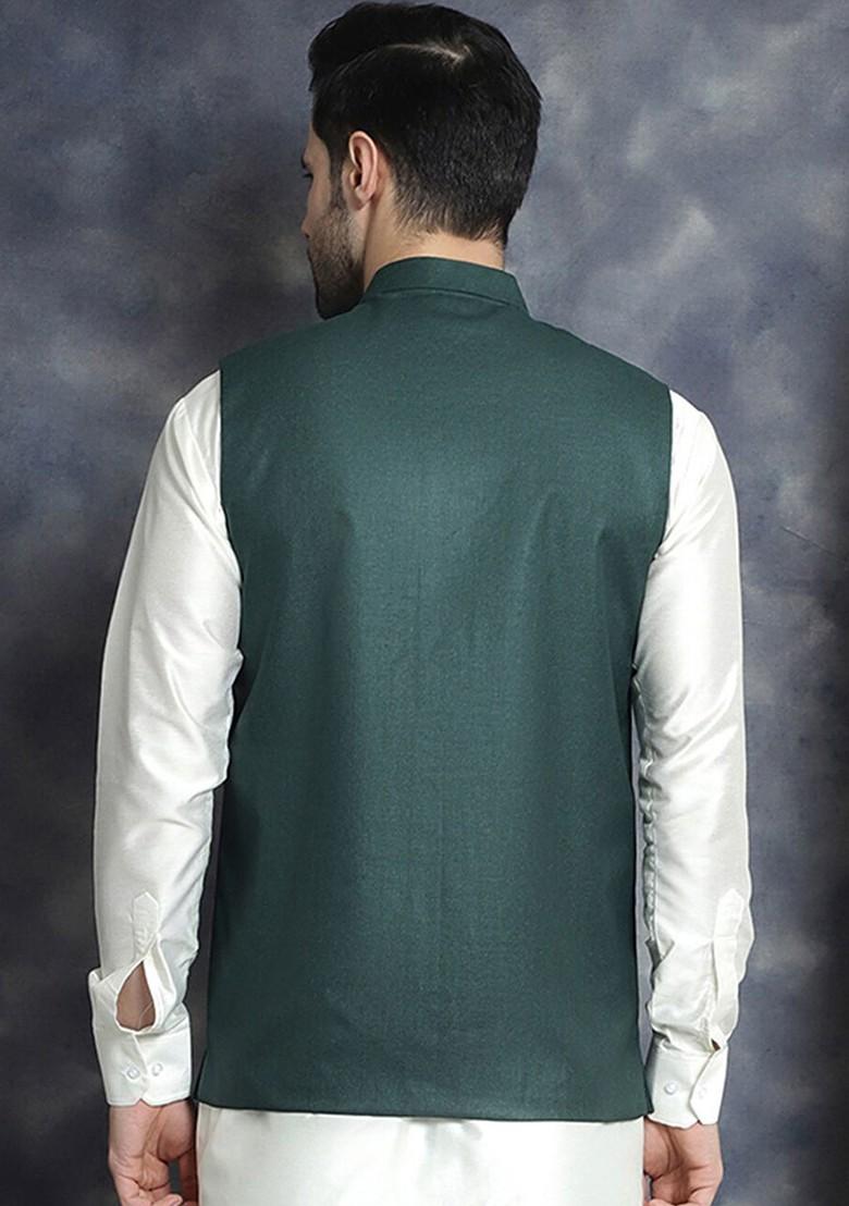 Olive Embroidered Poly Blend Nehru Jacket For Men