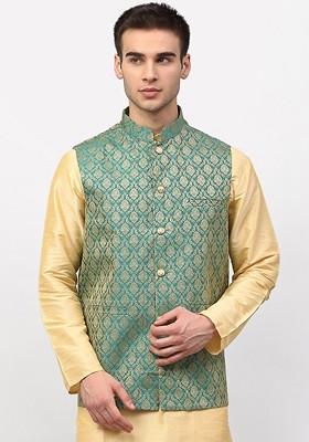 Green Woven Design Poly Blend Nehru Jacket For Men