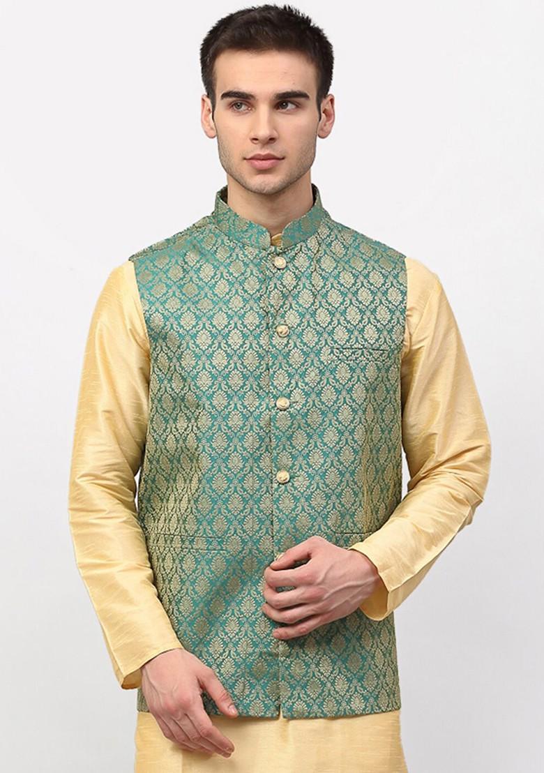 Green Woven Design Poly Blend Nehru Jacket For Men