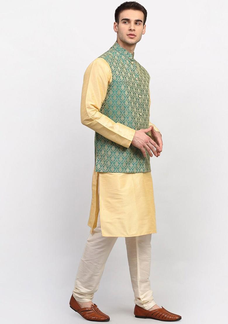 Green Woven Design Poly Blend Nehru Jacket For Men
