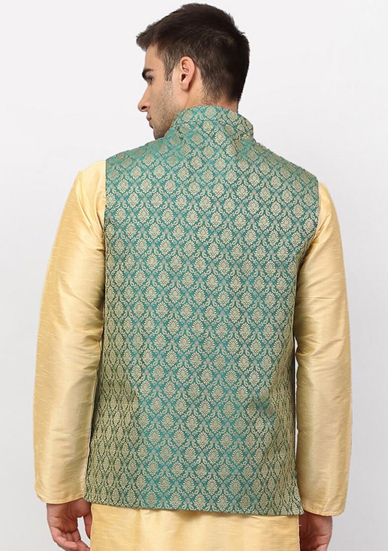 Green Woven Design Poly Blend Nehru Jacket For Men