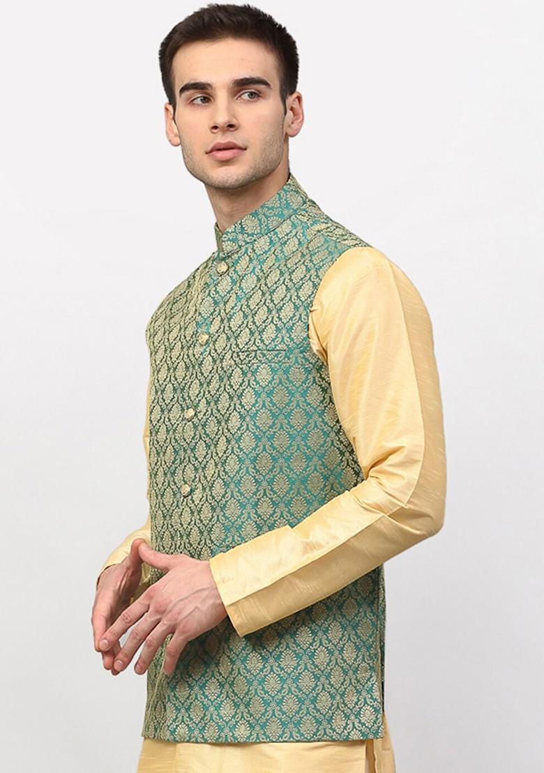 Green Woven Design Poly Blend Nehru Jacket For Men
