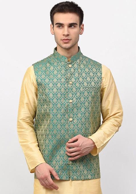 Green Woven Design Poly Blend Nehru Jacket For Men
