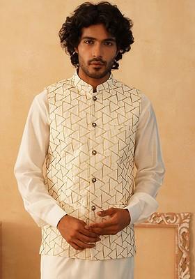 White Embellished Poly Blend Nehru Jacket For Men