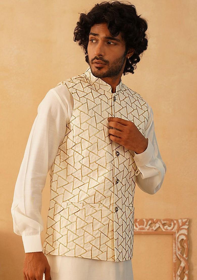 White Embellished Poly Blend Nehru Jacket For Men