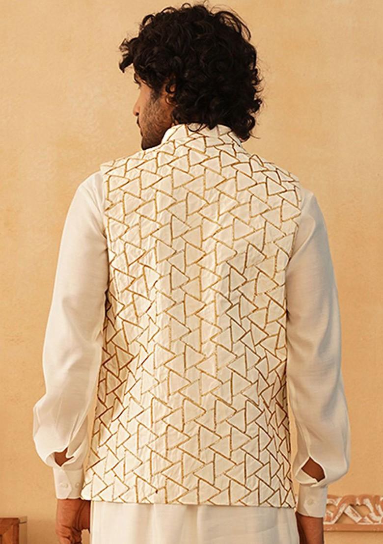 White Embellished Poly Blend Nehru Jacket For Men