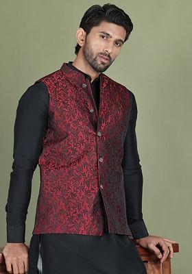 Maroon Woven Design Poly Blend Nehru Jacket For Men