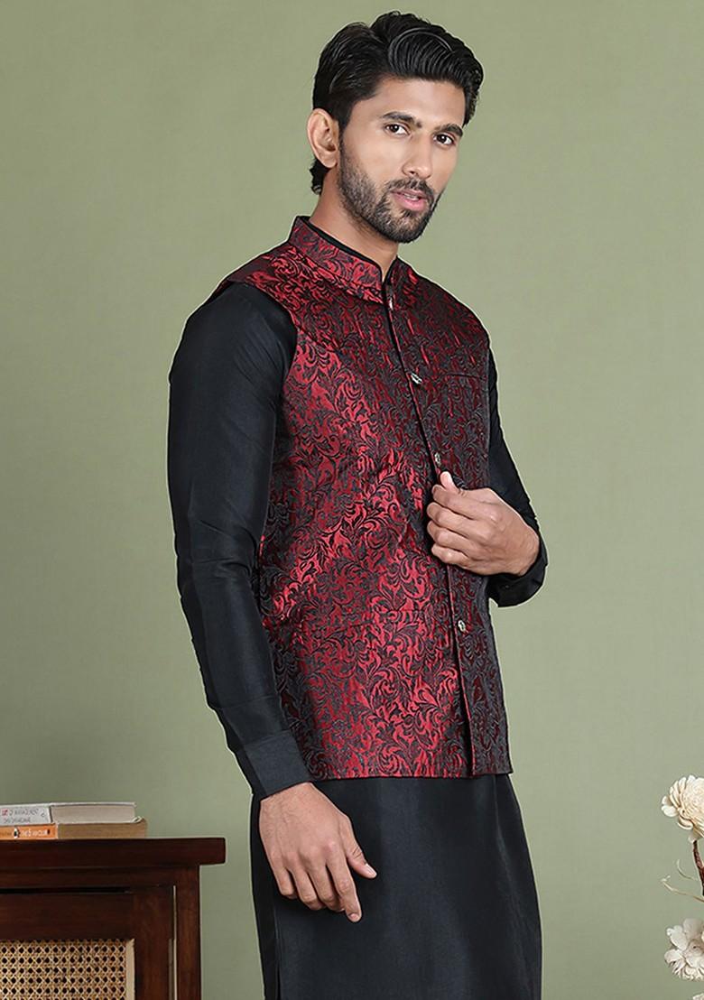 Maroon Woven Design Poly Blend Nehru Jacket For Men