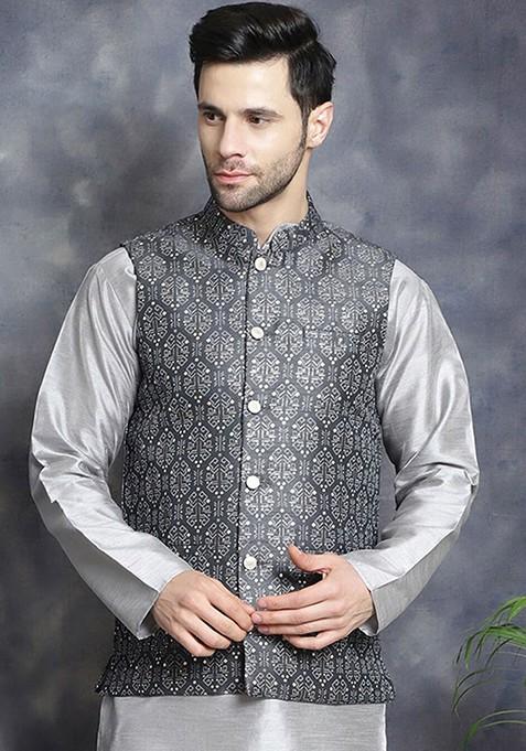 Grey Printed Poly Blend Nehru Jacket For Men — view on Indya