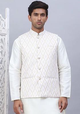 Cream Embellished Poly Blend Nehru Jacket For Men