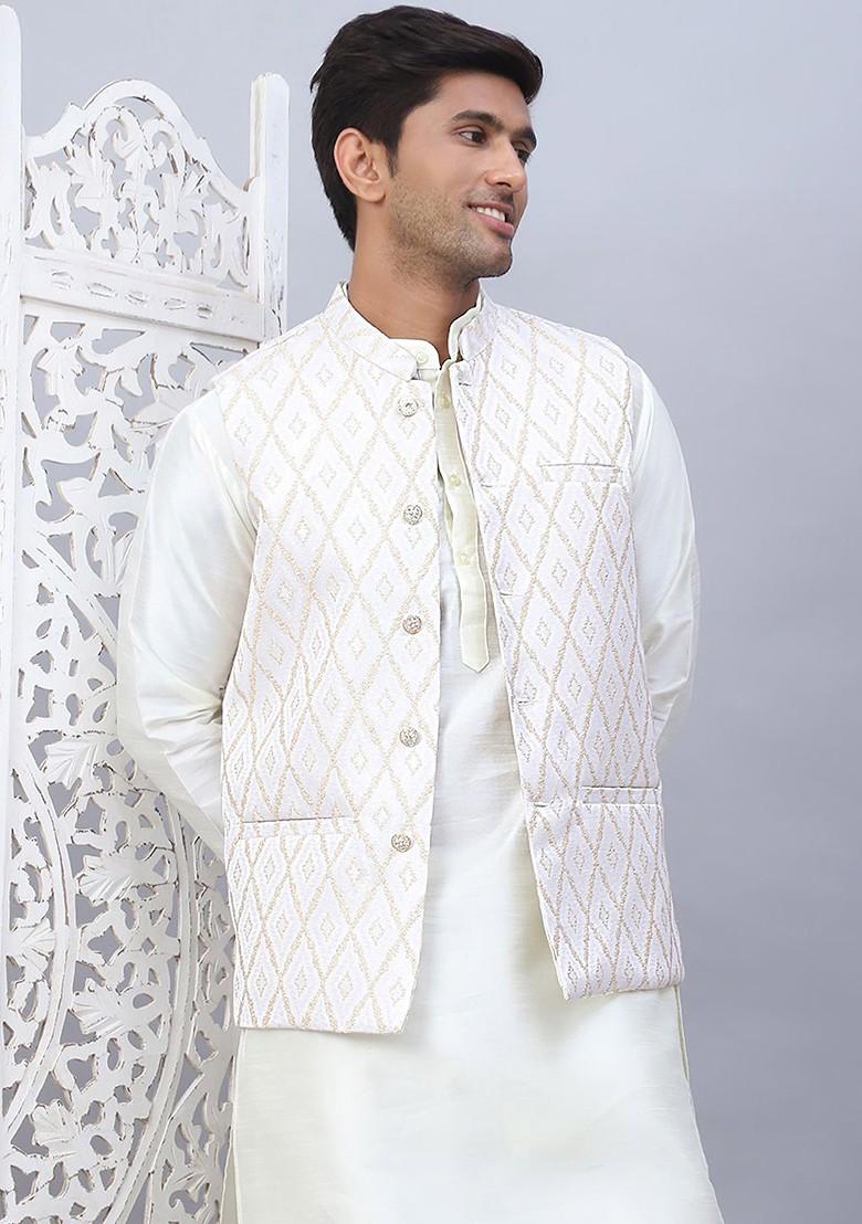Cream Embellished Poly Blend Nehru Jacket For Men