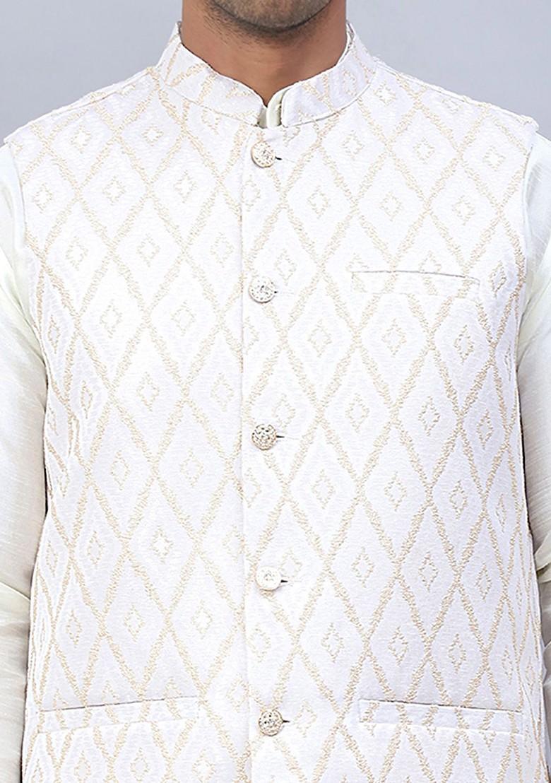 Cream Embellished Poly Blend Nehru Jacket For Men