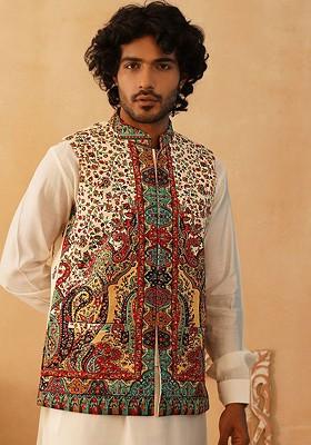 Cream Printed Poly Blend Nehru Jacket For Men