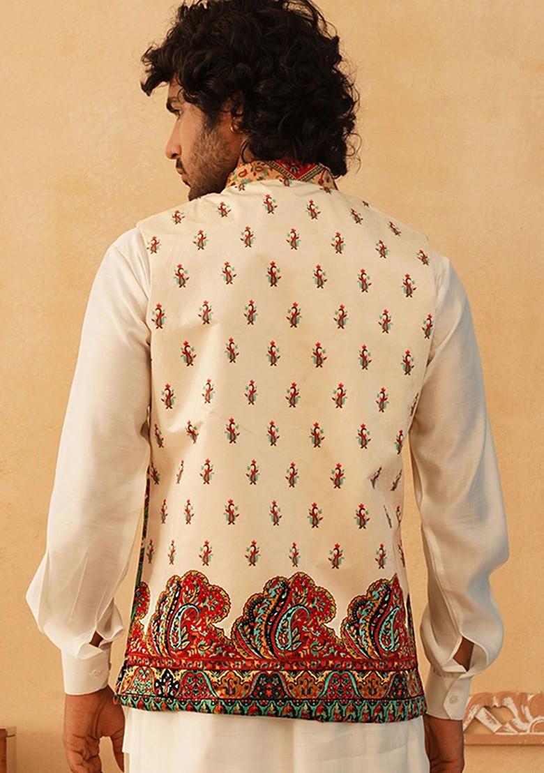 Cream Printed Poly Blend Nehru Jacket For Men