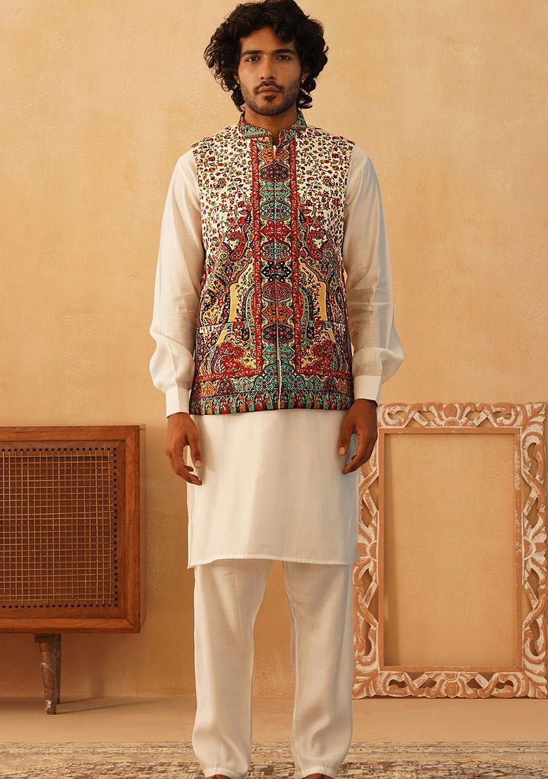 Cream Printed Poly Blend Nehru Jacket For Men
