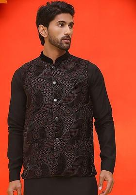 Black Embroidered Poly Blend Nehru Jacket For Men