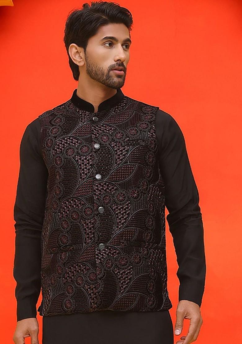 Black Embroidered Poly Blend Nehru Jacket For Men