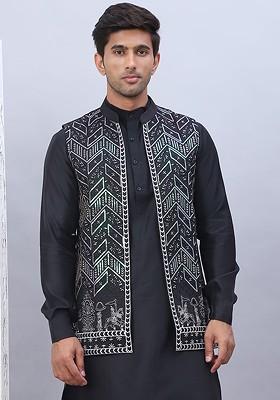 Black Embroidered Poly Blend Nehru Jacket For Men