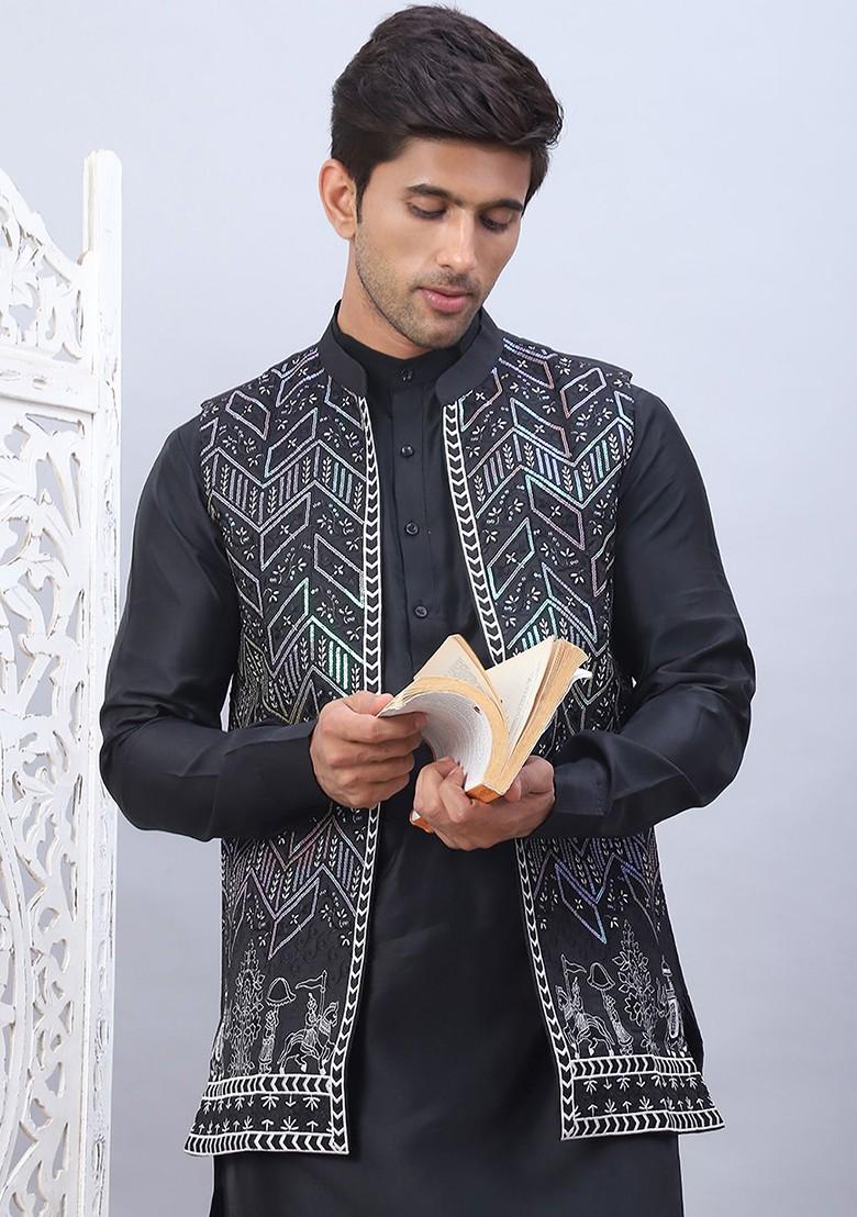 Black Embroidered Poly Blend Nehru Jacket For Men