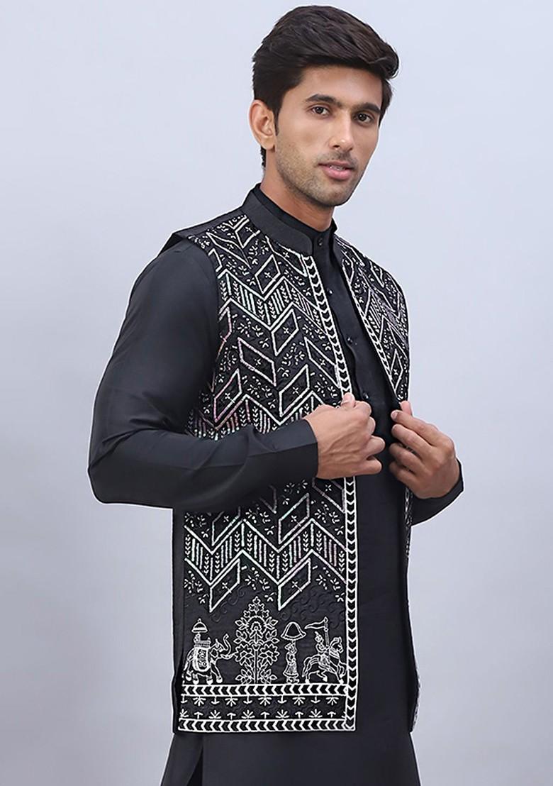 Black Embroidered Poly Blend Nehru Jacket For Men