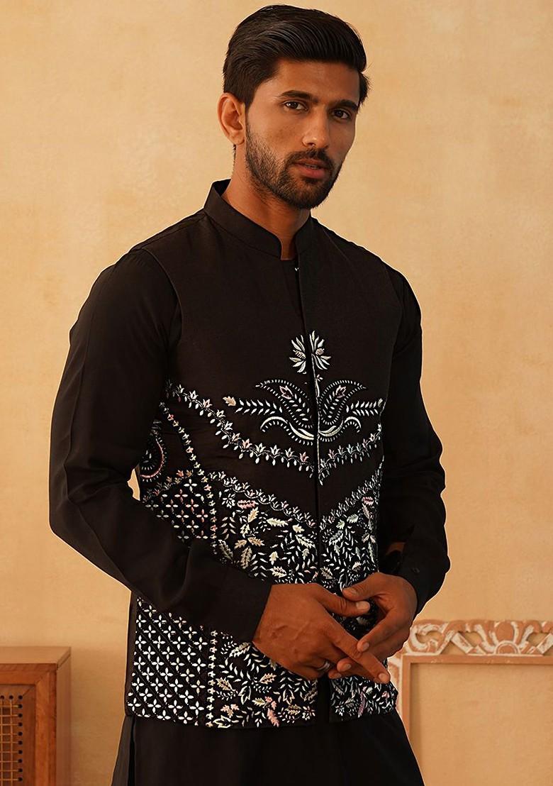 Black Embroidered Poly Blend Nehru Jacket For Men