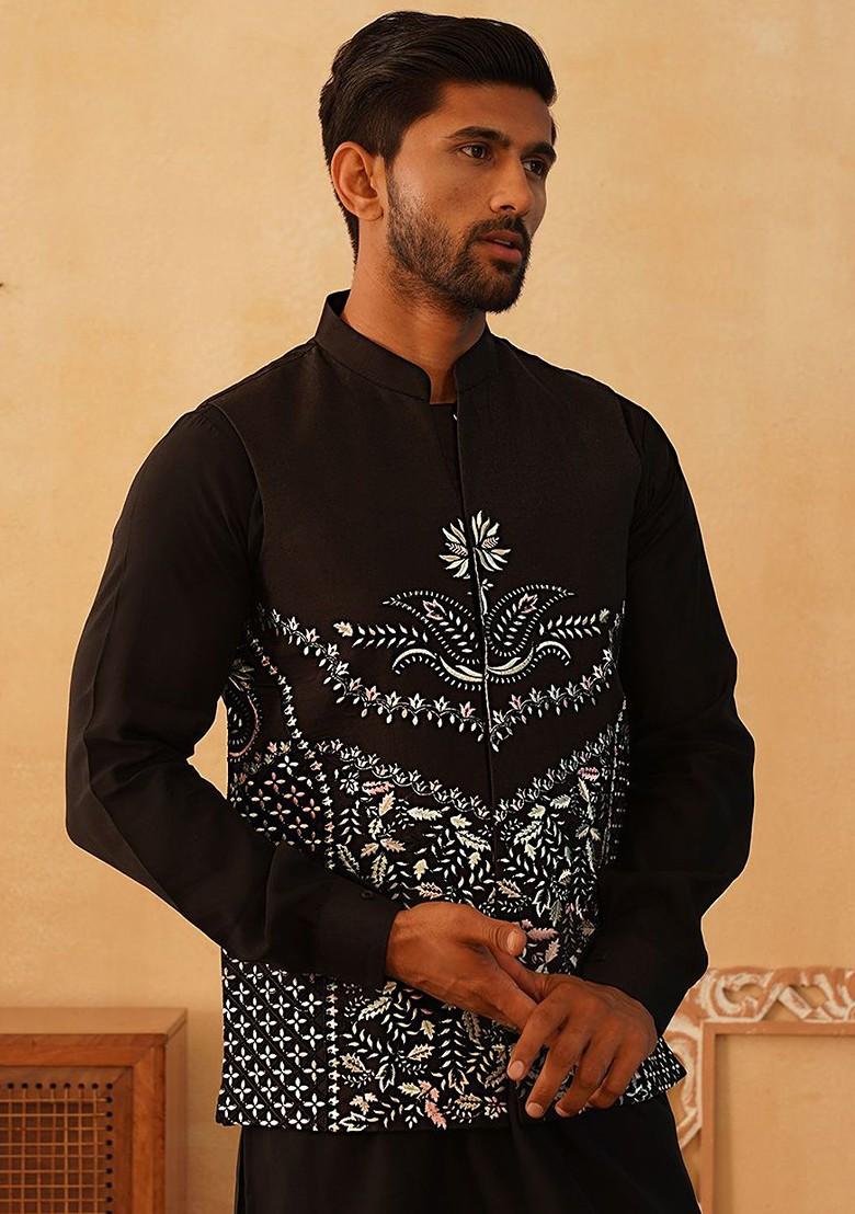 Black Embroidered Poly Blend Nehru Jacket For Men