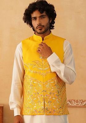 Yellow Embroidered Poly Blend Nehru Jacket For Men